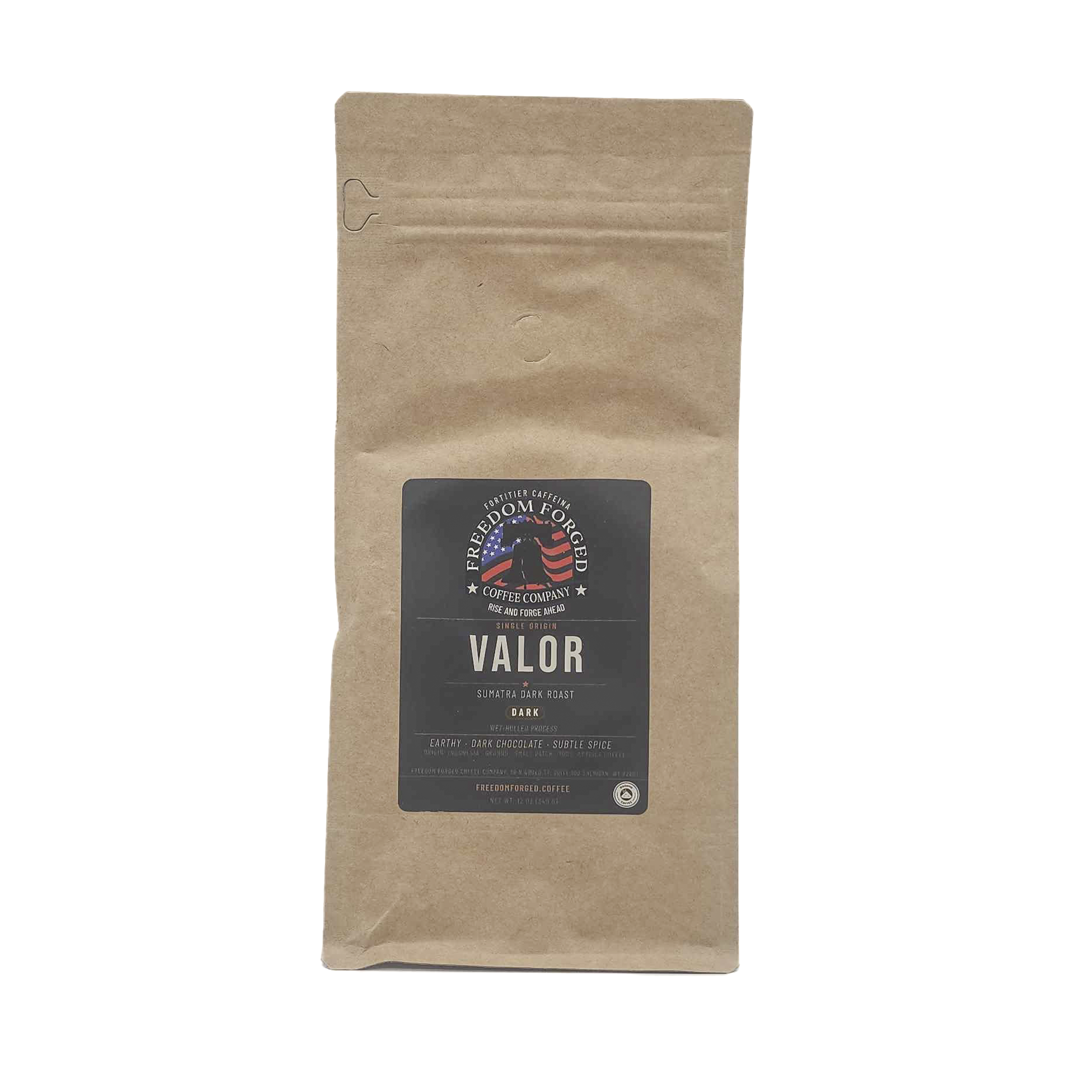 Valor Sumatra Dark Roast coffee bag, single-origin wet-hulled Indonesian coffee with earthy, dark chocolate, and subtle spice notes from Freedom Forged Coffee
