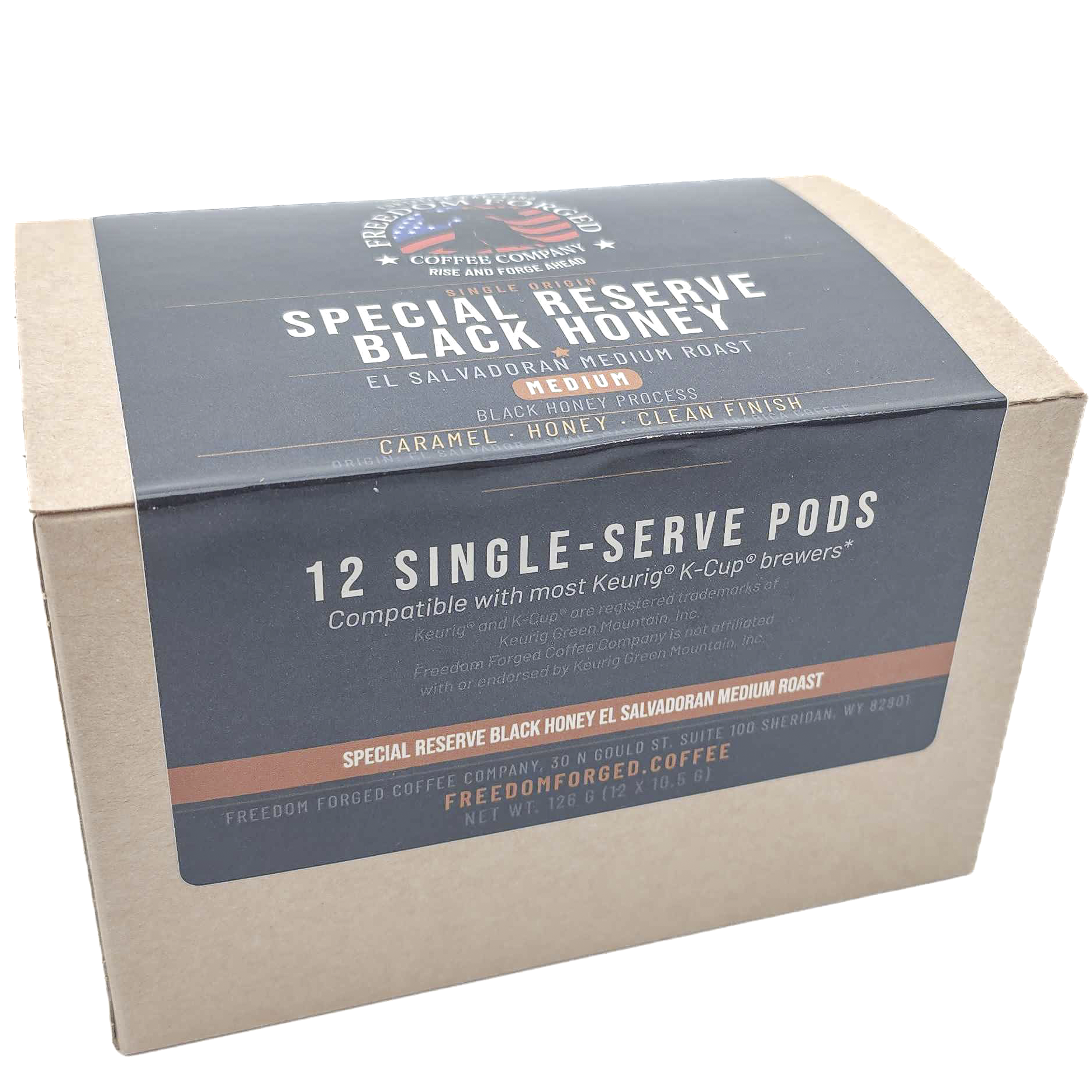Special Reserve Black Honey K-Cup Pods box, 12 single-serve pods of El Salvador medium roast from Freedom Forged Coffee