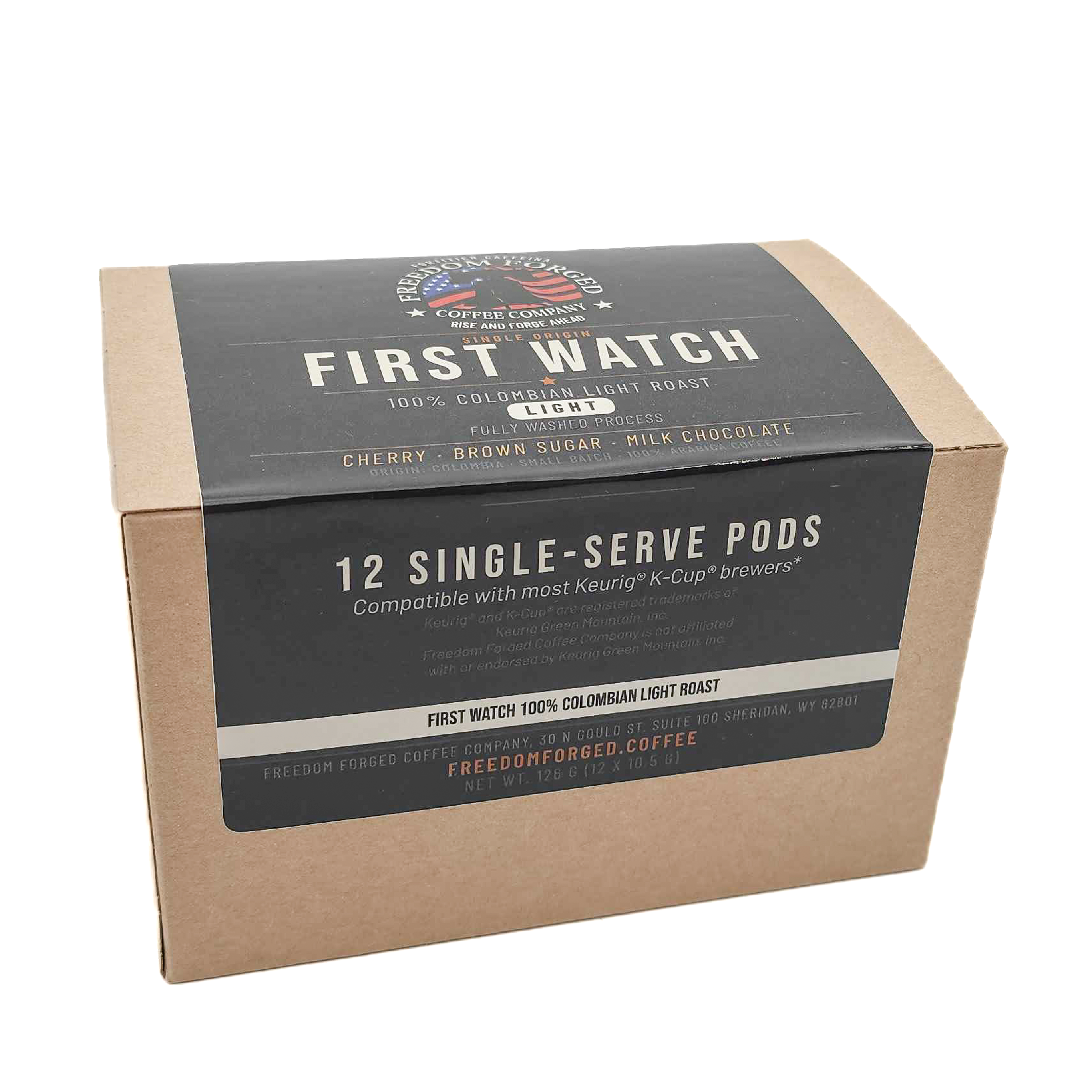 First Watch Colombian Light Roast K-Cup Pods box, 12 single-serve pods from Freedom Forged Coffee