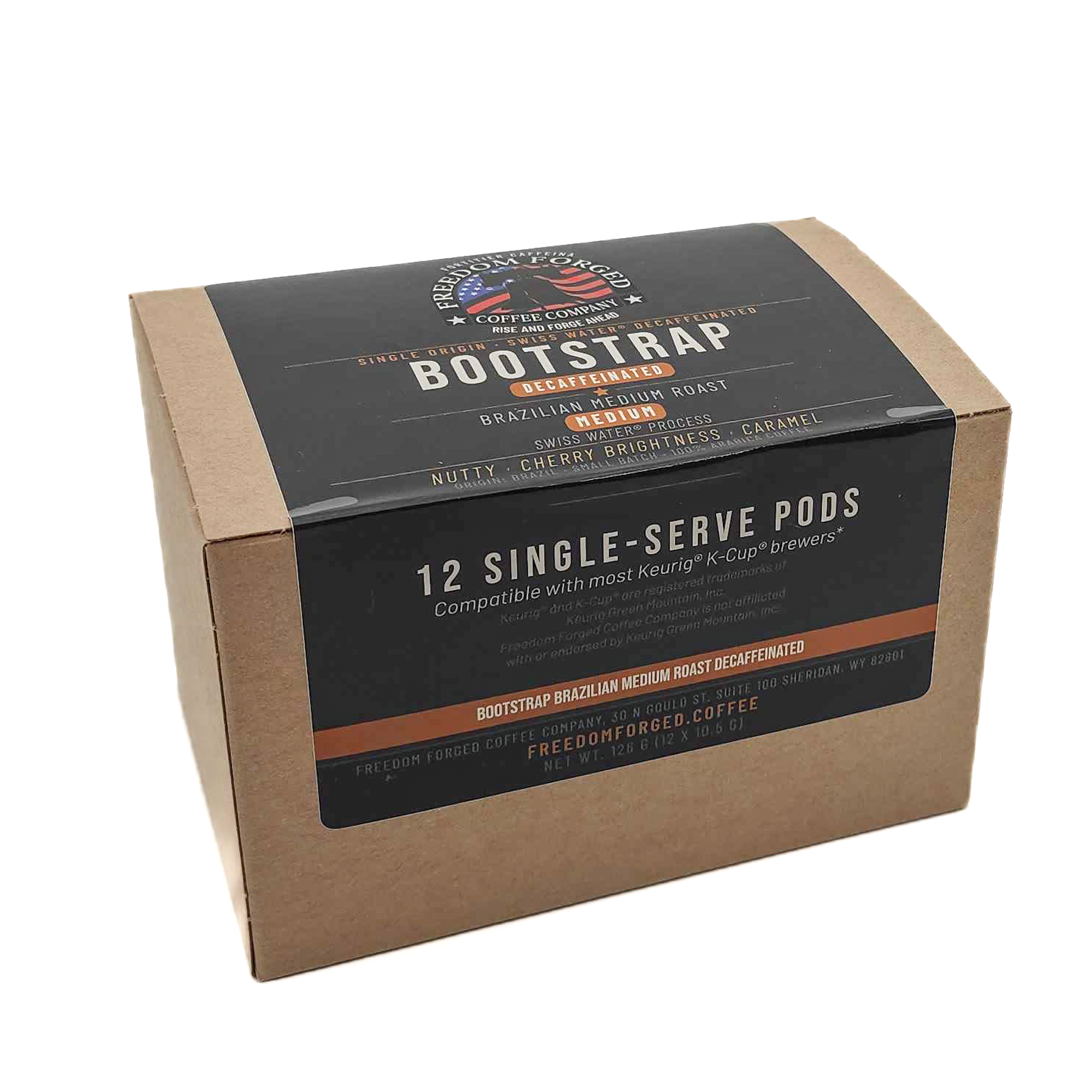 Bootstrap Decaf Swiss Water K-Cup Pods box, 12 single-serve pods, Brazilian medium roast decaffeinated coffee from Freedom Forged Coffee