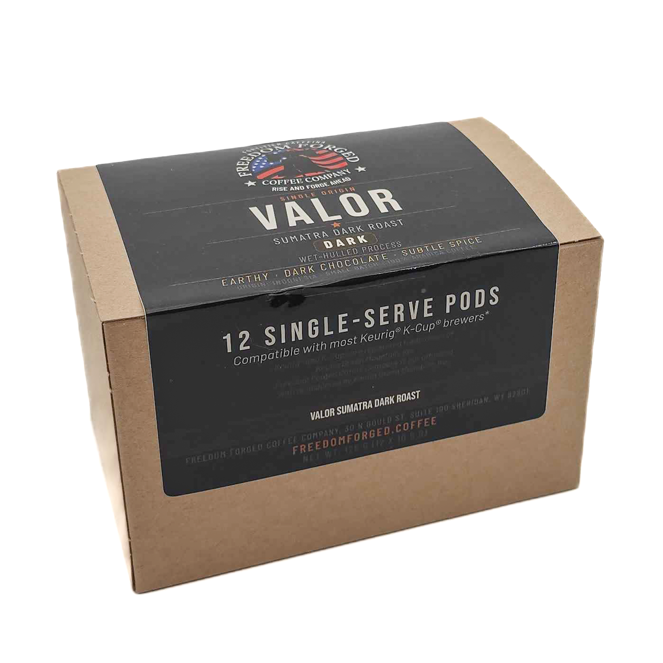 Valor Sumatra Dark Roast K-Cup Pods box, 12 single-serve pods from Freedom Forged Coffee