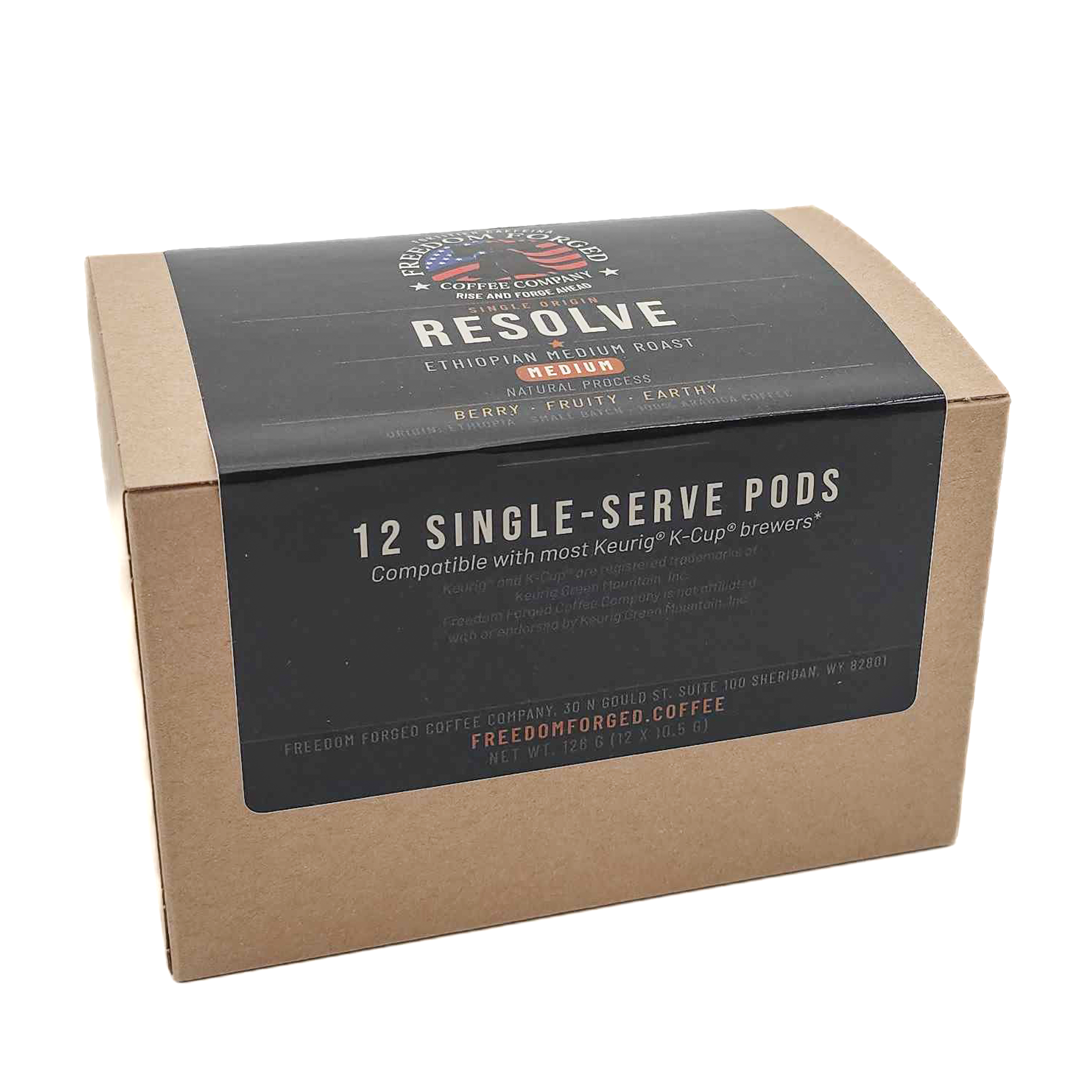 Resolve Ethiopian Medium Roast K-Cup Pods box, 12 single-serve pods from Freedom Forged Coffee