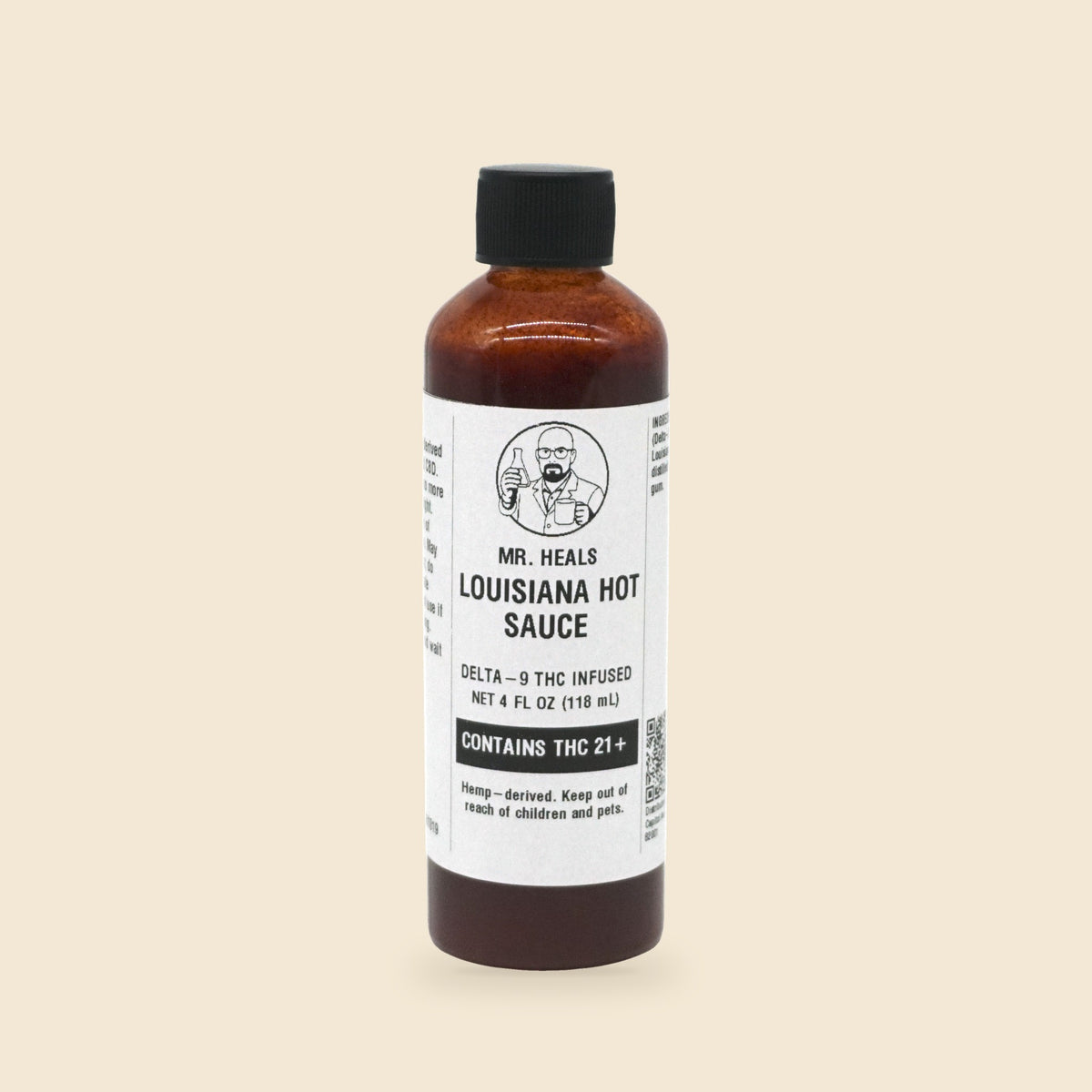 Mr. Heals Delta-9 THC Louisiana Hot Sauce, 4 fl oz bottle on parchment background