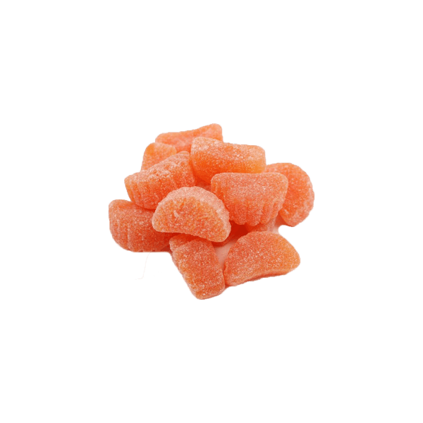 Pile of orange gummy bears on a white background