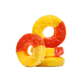 Two gummy candy rings, one red and yellow, the other yellow and red, on a white background.