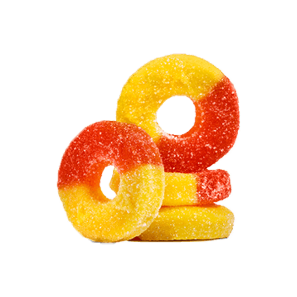 Two gummy candy rings, one red and yellow, the other yellow and red, on a white background.