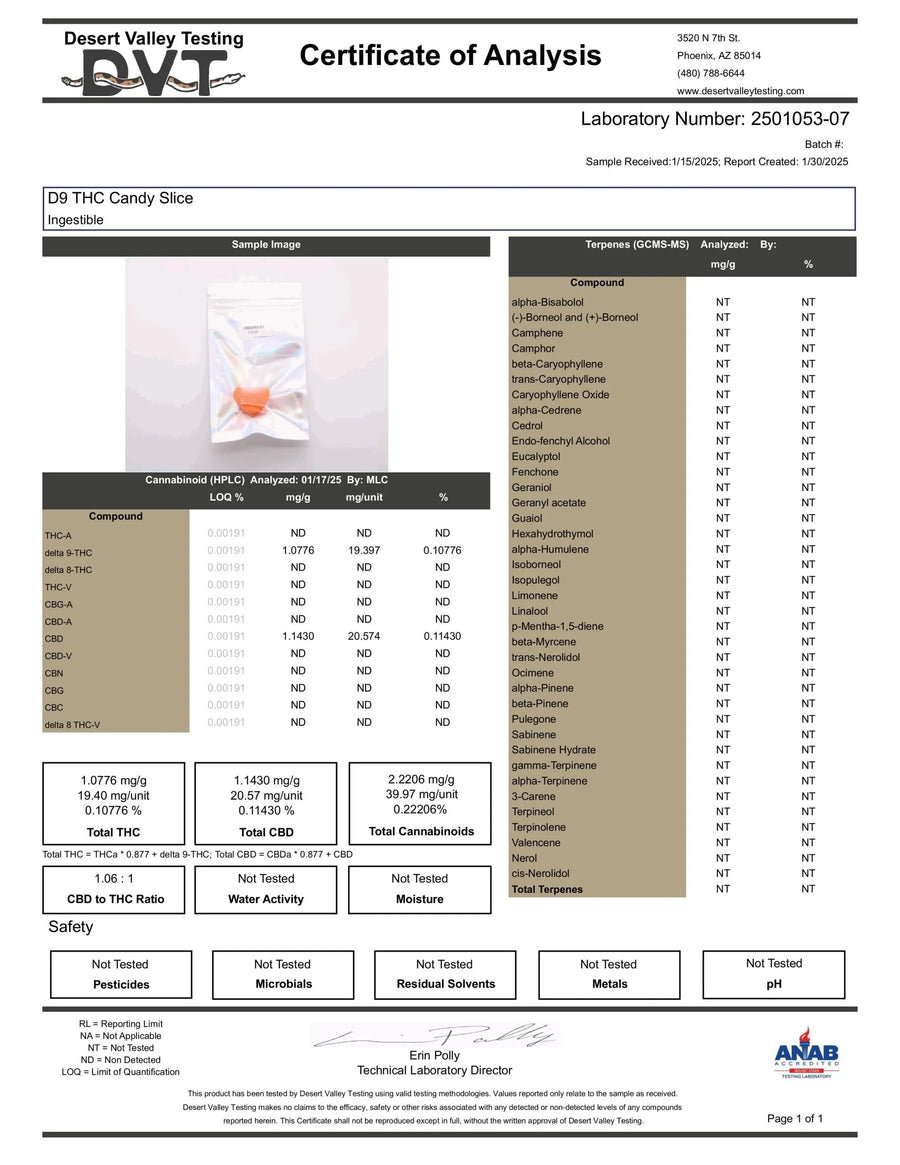 Certificate of Analysis from Desert Valley Testing with cannabinoid testing results.
