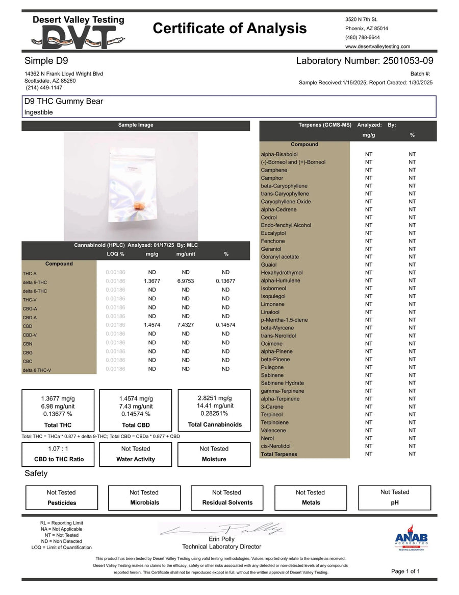 Certificate of Analysis for a D9 THC Gummy Bear with laboratory details and test results.