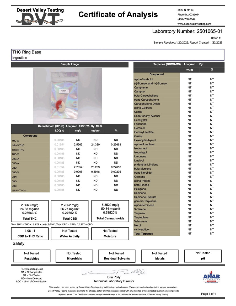 Certificate of Analysis for a THC Ring Base product with laboratory details and test results.