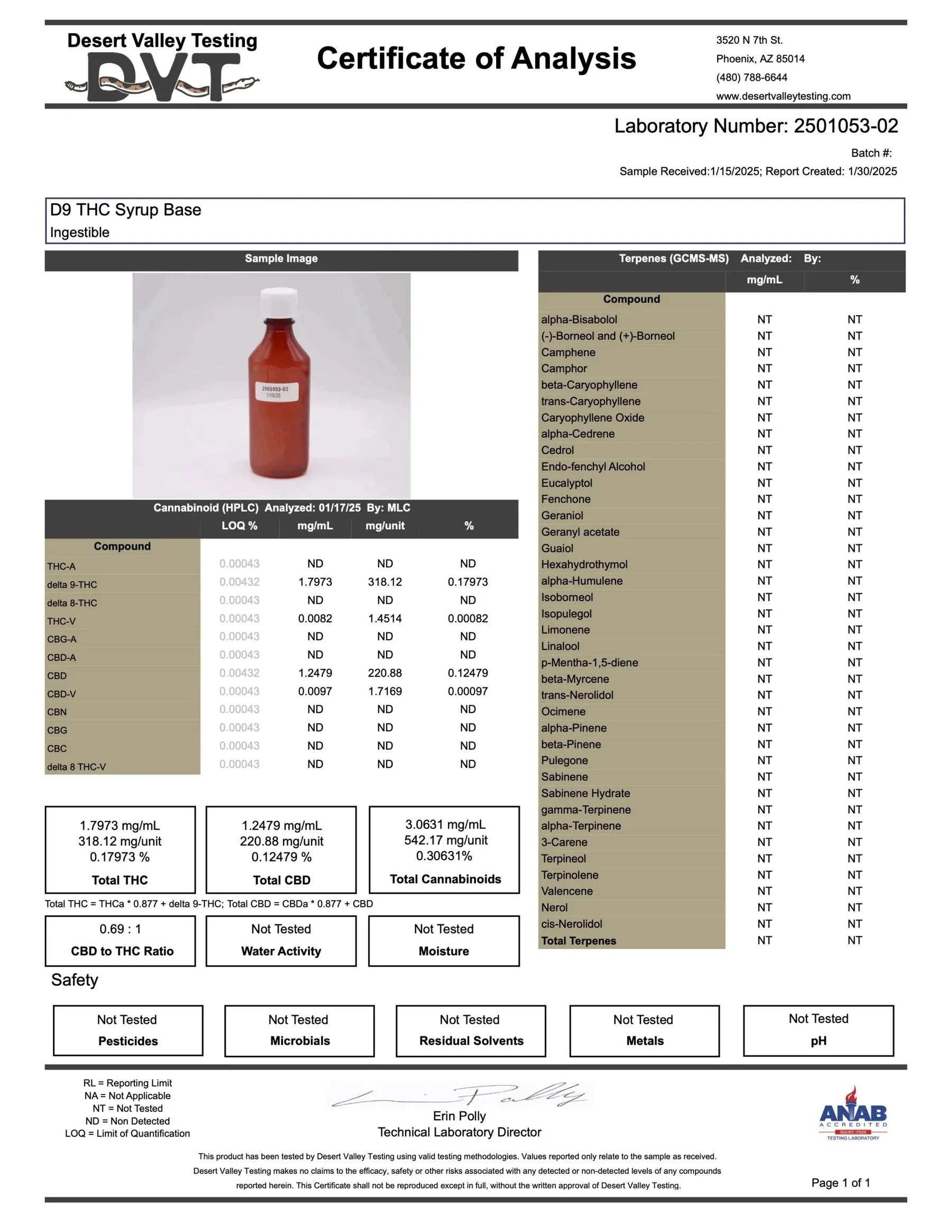 Certificate of Analysis for a D4 THC Syrup Base with laboratory details and test results.